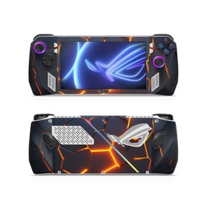 May include: A black and orange gaming handheld with a screen displaying a blue and white graphic. The device has a ROG logo and buttons on the sides.