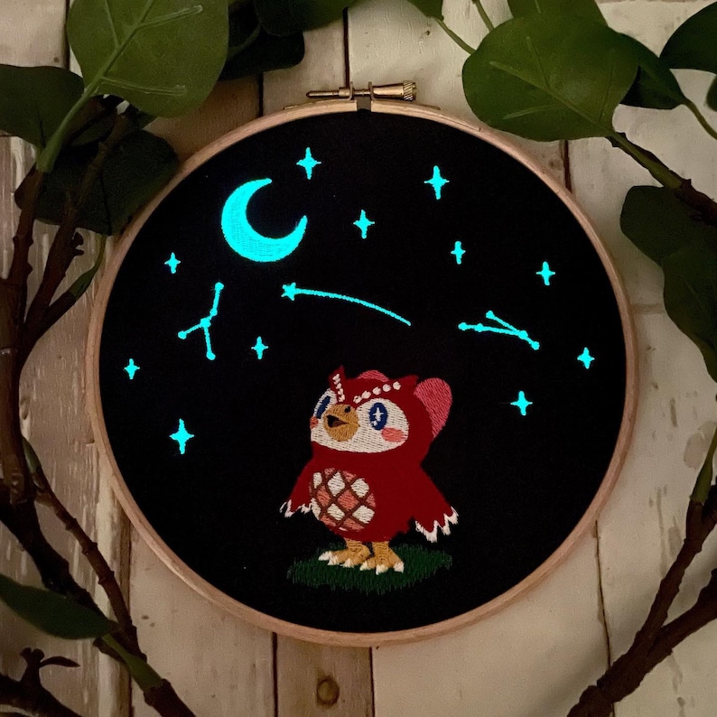 Animal Crossing Gift Celeste GLOW in the dark Animal Crossing Fan Art Embroidered Frame Wall Display / Hanging image 4