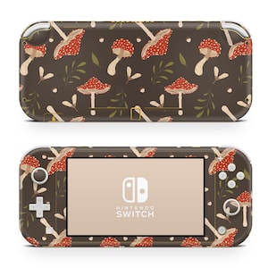 May include: A brown Nintendo Switch Lite console skin with a pattern of red and white mushrooms and green leaves. The text "NINTENDO SWITCH" is printed on the screen.