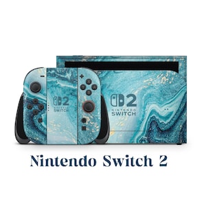 May include: Nintendo Switch 2 games console with a custom skin in a blue and gold marbled pattern. The console and controllers display the Nintendo Switch logo. The text "Nintendo Switch 2" is shown below the console.