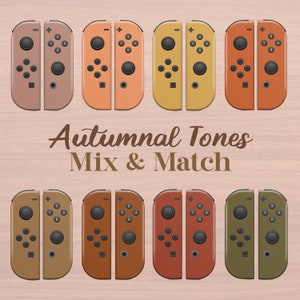 Peut inclure: Huit paires de manettes Joy-Con aux couleurs automnales, dans des tons de marron, orange, jaune et vert. Le texte "Autumnal Tones Mix & Match" est affiché en dessous des manettes.