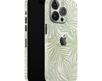 iPhone Skin 13 / 14 / 15 Pro , Plus , Max , Skin Wrap Cover Premium Quality 3M Vinyl Green Sage Leaves Tropical Cream