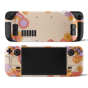 Könnte beinhalten: Eine Retro-Skin für ein Handheld-Gaming-Gerät. Die Haut hat einen beigefarbenen Hintergrund mit einem bunten psychedelischen Muster aus Blumen und Wirbeln.