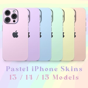 Puede incluir: Seis skins para iPhone en colores pastel para los modelos iPhone 13, 14 y 15. Las skins son en tonos de rosa, morado, azul, verde, amarillo y naranja.