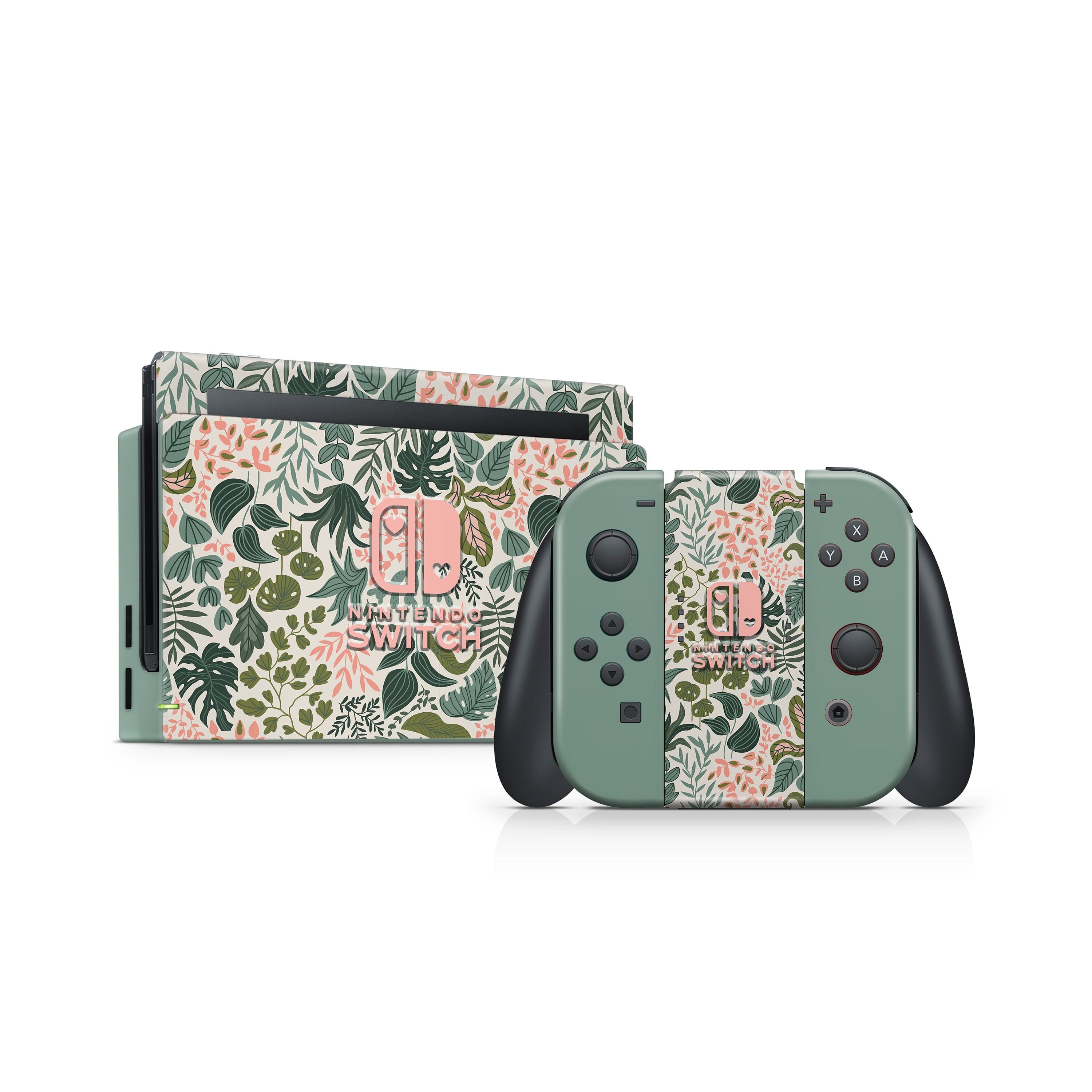 Nintendo Switch Skin Wrap Premium Vinyl Woodland Coral Pink Tropical Green Cover