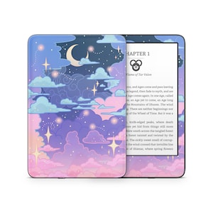 May include: A digital book cover with a purple, pink, and blue sky with clouds and stars. The text on the cover reads "Chapter 1 Flame of Tar Valon".