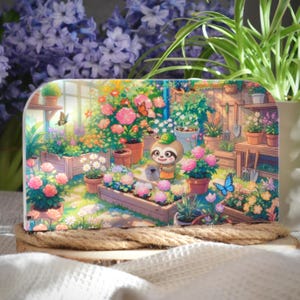 以下が含まれることがあります： 庭のシーンのカラフルなイラストが描かれた、装飾用の長方形のアイテム。温室で花に水をやる漫画のナマケモノが描かれており、咲き誇る植物、蝶、園芸工具に囲まれています。カラーパレットには、ピンク、グリーン、ブルーが含まれています。