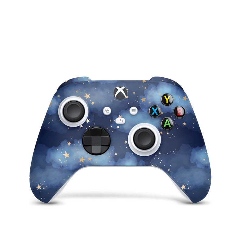May include: A blue and white Xbox controller with a starry night sky design. The controller has gold accents and a white faceplate.