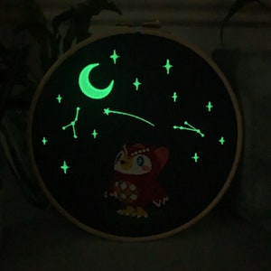 Animal Crossing Gift Celeste GLOW in the dark Animal Crossing Fan Art Embroidered Frame Wall Display / Hanging image 3