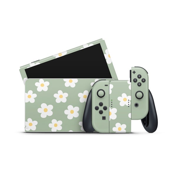 Nintendo Switch OLED Model Skin Wrap Premium Vinyl Sage Green Daisy