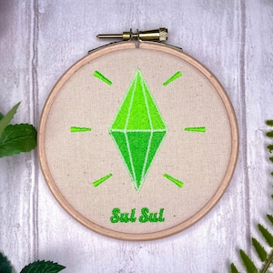 The Sims GLOW in the DARK - The Sims Plumbob Inspired  - Fan Art - Mini Embroidered Frame Wall Display / Hanging