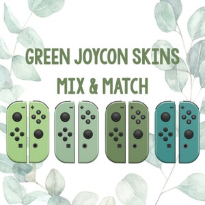 Op de afbeelding: Vier paar groene en turquoise Joy-Con-controllers voor de Nintendo Switch. De controllers zijn in een rij gerangschikt, met de linker- en rechtercontrollers van elk paar naast elkaar. De tekst "GREEN JOYCON SKINS MIX & MATCH" wordt boven de controllers weergegeven.