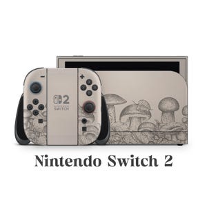 May include: A Nintendo Switch 2 games console with a beige finish and a mushroom design. The console and controllers feature detailed illustrations of mushrooms and foliage. The text "Nintendo Switch 2" is displayed at the bottom.