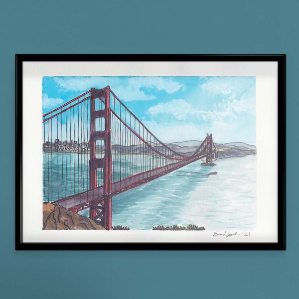 Golden Gate Bridge Digital Print - Watercolor Print - Wall Art - Dorm Decor - San Francisco Scene - Small Art Print -Original Art