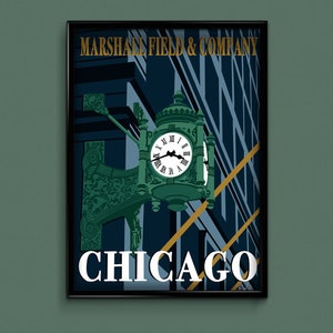 May include: A vintage-style poster with a black frame featuring a green clock tower with a white face and black hands. The poster has a blue background with yellow and white geometric shapes. The text "MARSHALL FIELD & COMPANY" is in gold lettering at the top of the poster. The text "CHICAGO" is in white lettering at the bottom of the poster.
