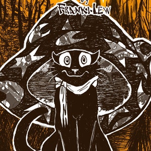 May include: A black cat wearing a white scarf and a witch's hat, with a full moon in the background. The text "Mouse the Witching Cat by Franki-Lew" is written above the cat.
