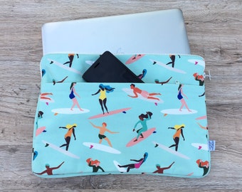 13 inch laptop bag, Mac Book sleeve, Mac Book Air sleeve, MacBook bag with surf motif, men's laptop bag with extra side pocket