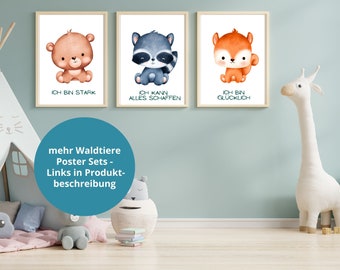 3 Kinderzimmer Poster Waldtiere mit Bär, Dachs und Fuchs in A4 oder digital mit Affirmationen, Kinderzimmer Poster Tiere