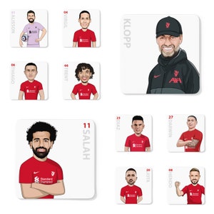 LFC Caricature Coaster Collection (paquete de 10) - Liverpool FC Coaster Beer Mats para regalos de los fanáticos de la Premier League de los Reds