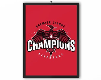 Könnte beinhalten: Ein rotes und schwarzes Poster mit einer Grafik eines roten Vogels mit ausgebreiteten Flügeln. Der Text "Premier League Champions Liverpool" ist in Weiß auf dem Poster gedruckt.