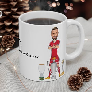 Jordan Henderson 3 Trophies Liverpool FC Caricature Mug (White Background) LFC Champions 19/20