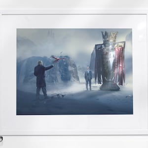 May include: A digital illustration of a man in a suit standing in front of a large silver trophy with red ribbons. The trophy is in a snowy landscape with a man in a coat and a red bird in the background.