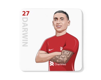 Darwin Nunez Caricature LFC White Coaster | Liverpool FC 2022/23 Reds Uruguay Premier League Fans