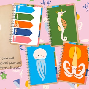 Op de afbeelding: Een digitaal dagboek met een bruine kaft en een kleurrijke illustratie van een kwal. De tekst "JellyFish Journal 5 Subject Digital Journal with 16 Different Blank Pages" staat op de kaft.