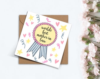 Cute Worlds Best Mother in Law Mother's Day Card, Handmade Simple Card for Mum, Mummy, Grandma, Step Mum, Nana