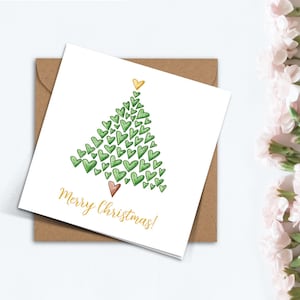 Cartão de feliz Natal, árvore de Natal com coração de amor, cartão de amor feito à mão para mãe, namorada, namorado, amigo, família, irmã
