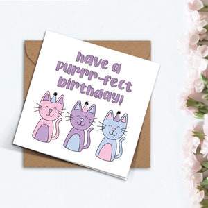 Cute Purrfect Birthday Card, Handmade Cats Kittens Simple Card for Mum Friend Girlfriend Cat Lover Owner