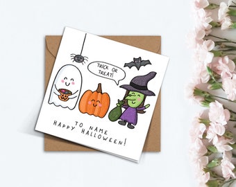Tarjeta personalizada de Halloween con truco o trato, tarjeta de felicitación hecha a mano de temporada espeluznante de bruja calabaza fantasma para amigos y familiares