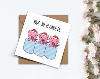 Tarjeta De Navidad Divertida Con Cerdos En Mantas - Para Familia, Pareja O Amigos, Diseño Kawaii Hecho En Reino Unido
