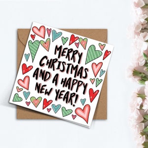 Frohe Weihnachten und ein glückliches neues Jahr Karte, süße Liebe Herzen rot grün Weihnachtskarte für Freund, Freundin, besten Freund, Familie