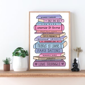 Romance Tropes Book Stack Poster Print. Reading Art, Cute Bookworm Room Decor, Aesthetic Wall Prints, Book Lover, BookTok, Enemies to Lovers