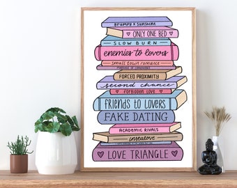 Romance Tropes Book Stack Poster Print. Reading Art, Cute Bookworm Room Decor, Aesthetic Wall Prints, Book Lover, BookTok, Enemies to Lovers