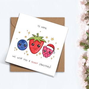 Carte de Noël personnalisée Nous vous souhaitons une baie, cadeau mignon fait main de paillettes de fraise, de framboise et de myrtille pour les amis de la famille, grands-parents