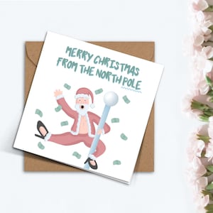 Carte de Noël drôle de strip-teaseuse pole danseuse du Père Noël, jolie carte du pôle Nord faite à la main pour petite amie, petit ami, meilleur ami, cadeau de joyeux Noël