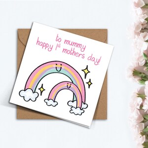Cartão bonito e personalizável de feliz primeiro dia das mães, cartão para nova mãe, cartão arco-íris simples feito à mão para mamãe de bebê