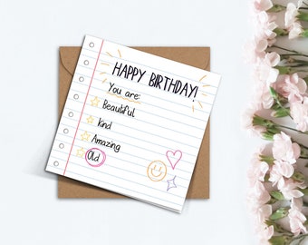 Lustige Geburtstagsnachricht Sie sind alt Karte, handgemachte süße Affirmationen Notiz Notizbuch Geburtstagskarte für Mama, Freundin, Freund, Schwester.