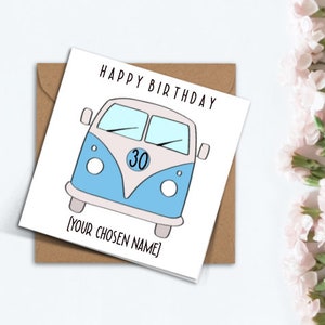 Gepersonaliseerde camper verjaardagskaart met leeftijd en naam, kaart voor hem, handgemaakte schattige aangepaste verjaardagskaart voor papa, vriend, vriend.