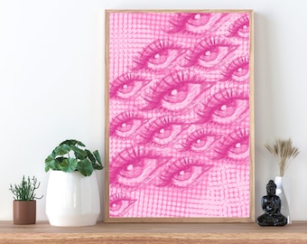 Hot Pink Eyes Y2K Poster Print, Funky Trendy Fashion Retro Wall Art, Abstract Room Decor