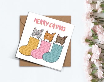 Cute Merry Catmas Christmas Card, Funny Handmade Cat Kitten Lover Card for Mum, Girlfriend, Boyfriend, Friend, Family, Brother, Sister