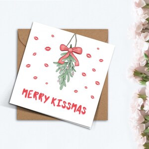 Jolie carte de Noël joyeux baisers, cadeau de Noël drôle de baisers de gui fait main pour les amis de la famille, petit ami, petite amie