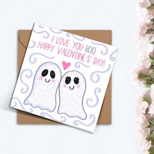 Cute Happy Valentines Day Boo Card, Cute Handmade Blue Pink Heart I Love You Ghost Valentine Gift for Boyfriend Girlfriend Husband Wife