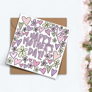 Jolie carte de fête des mères heureuse, carte de fleurs à la main coeur vert rose violet pour maman, maman, belle-mère, grand-mère, Nana, cadeau Floral