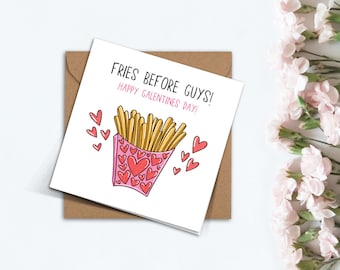Funny Happy Galentines Day Valentines Day Card Handmade Fries Before Guys Love hearts Pink Red Love Gift for Bestie Best Friend BFF