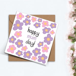 Leuke Floral Mothers Day Card, handgemaakte roze paarse bloemen Happy Mum Day Card, kaart voor mama, mam, mama, oma, schoonmoeder, stiefmoeder