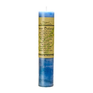 May include: A blue candle with a white swirl design. The candle is labeled "Blessed Herbal Candles Inner Balance" and has a quote about finding balance in life.