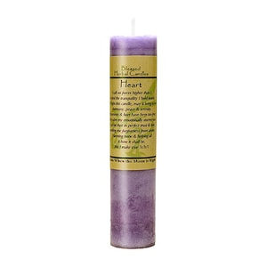 May include: Purple candle with a label that reads "Blessed Herbal Candles Heart" and a description about calling on higher forces for tranquility, peace, serenity, forgiveness, and trust.